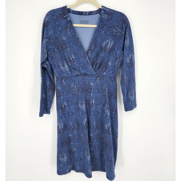 Patagonia Metairie Dress M Surplice V Neck Organic Cotton A Line Flare Navy Blue - Picture 2 of 13